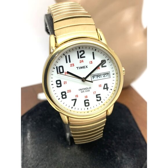 Timex Men's Watch T2N092 Indiglo White Dial Quartz Gold Tone Expansion Band 35mm - Picture 13 of 14
